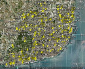 Figura 1: Identificação e medição de terraços no município de Lisboa. 508 posições foram marcadas recorrendo ao software Google Earth.